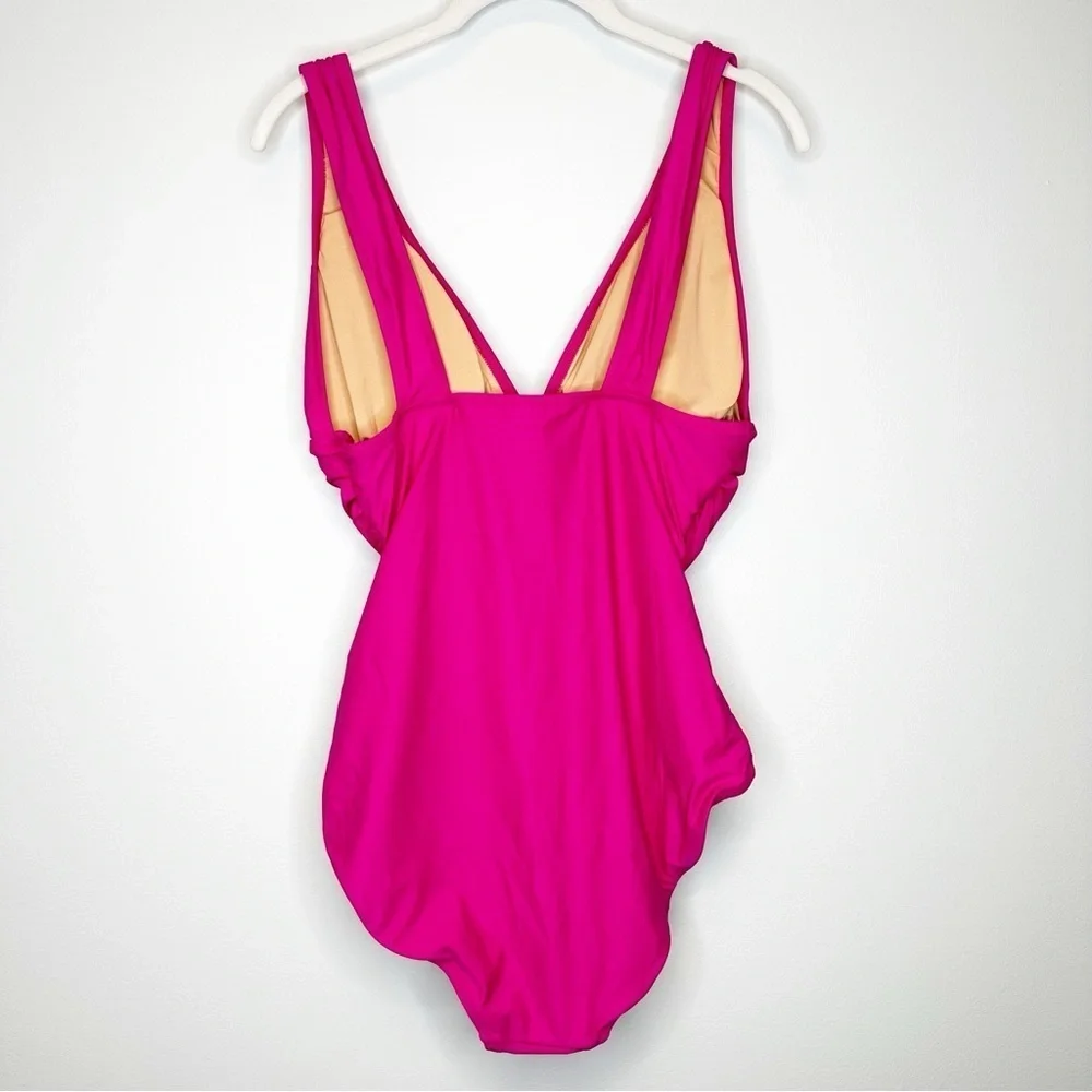 J. Crew New Radiant Fuchsia V-Neck UPF 50 Ruched One Piece Swimsuit